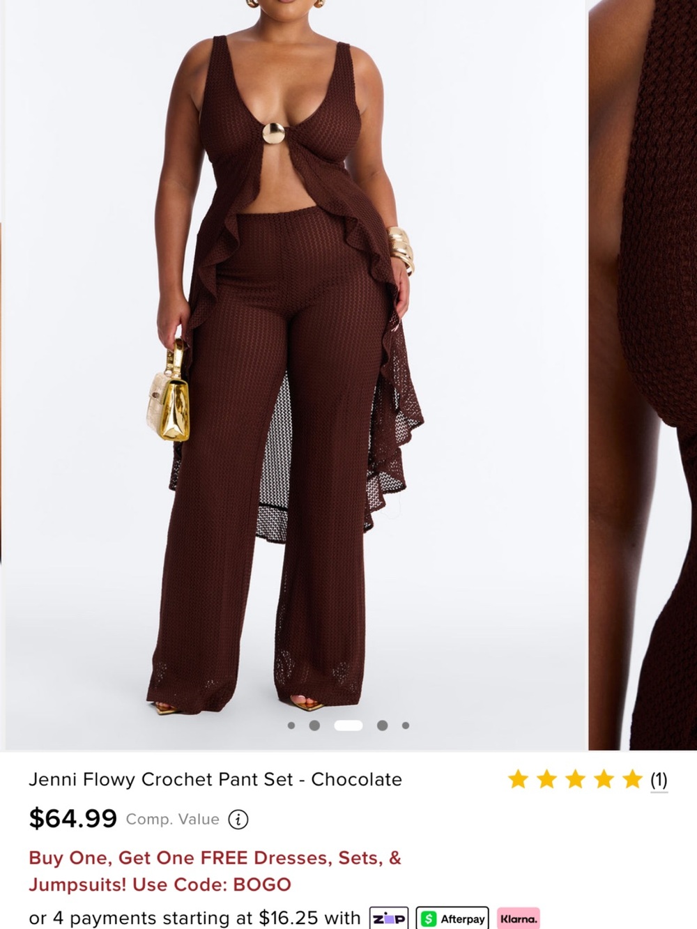 Fashion Nova Chocolate Brown Crochet Pant Set with Gold Ring